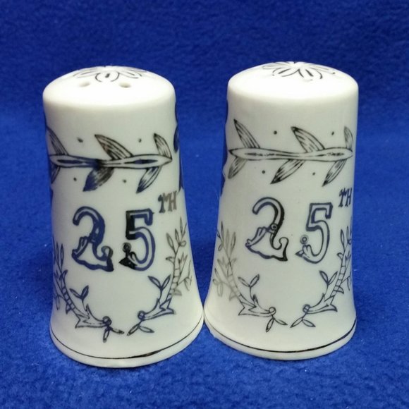 25th Silver Anniversary Salt & Pepper Shakers White & Silver Pre-Owned No Box - Picture 2 of 10